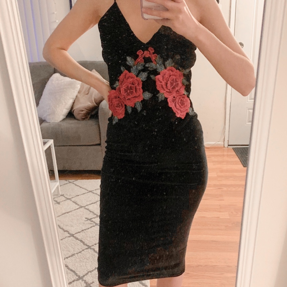 Velvet Dress with Rose Embellishment